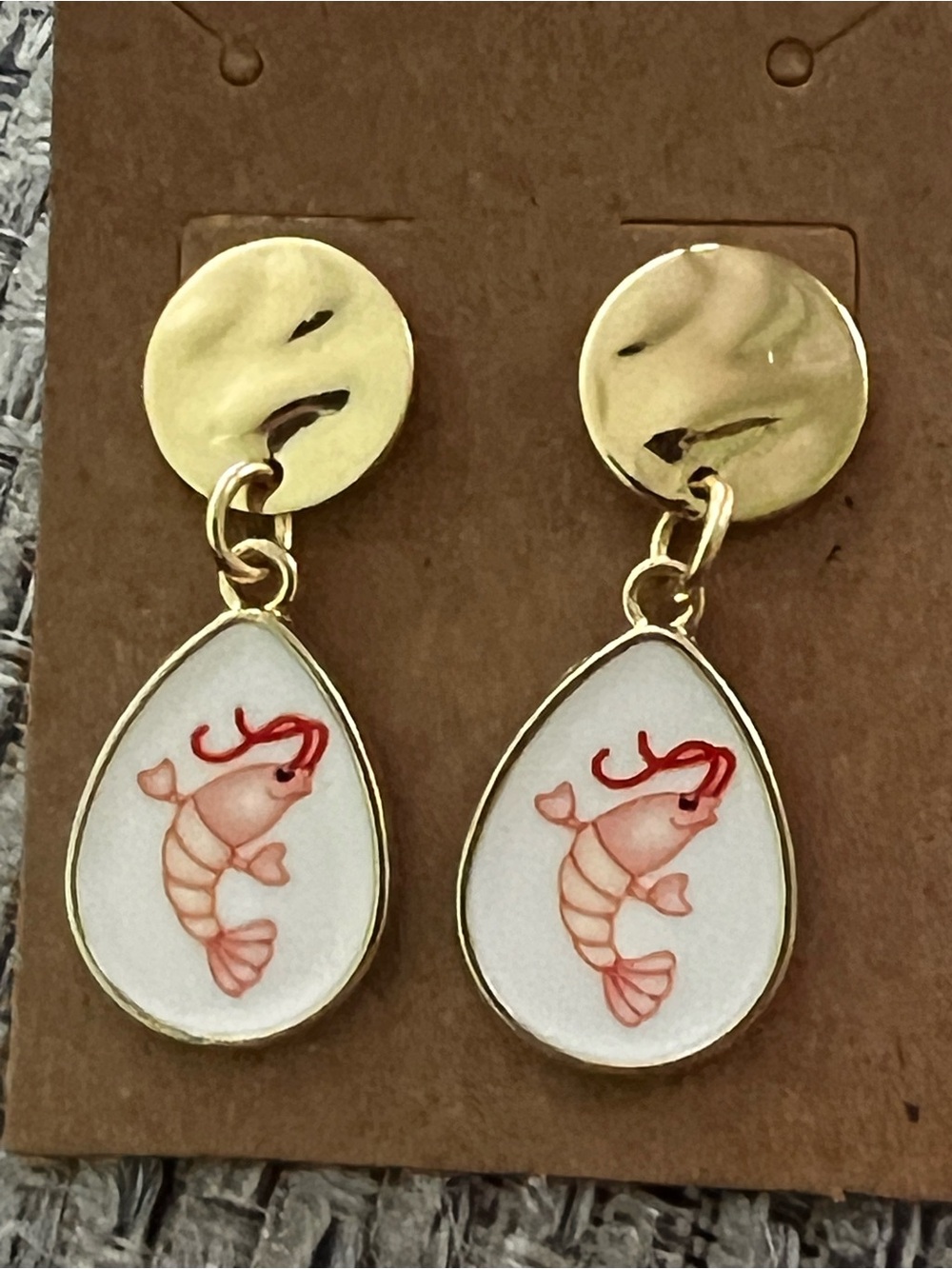Gold Teardrop Shrimp Fish Earrings